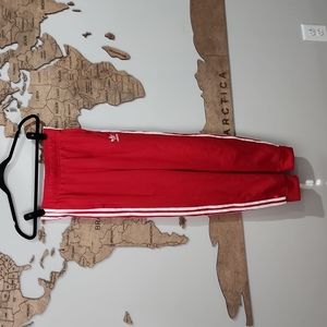 Red Adidas tracksuit, wgite stripes
